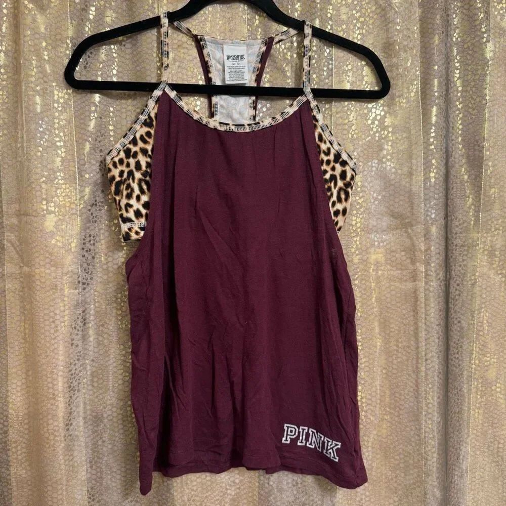 PINK Victorias Secret Maroon Cheetah Layered Workout Tank Top Medium